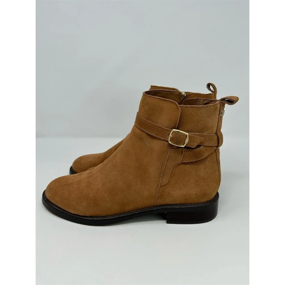 Sam Edelman Nolynn Camel Tan Heeled Ankle Booties Buckle Strap Size 10.5